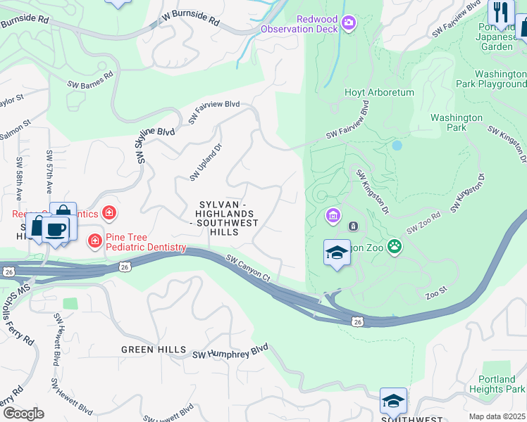 map of restaurants, bars, coffee shops, grocery stores, and more near 1745 Southwest Highland Road in Portland