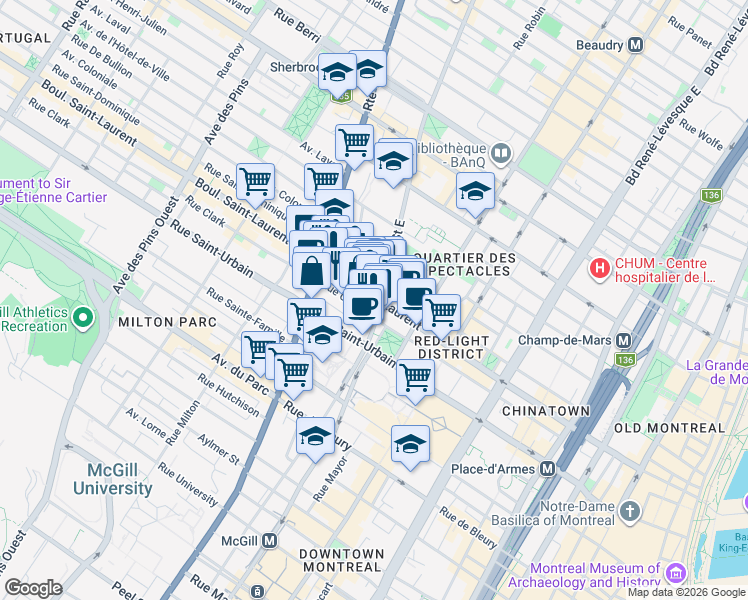 map of restaurants, bars, coffee shops, grocery stores, and more near 2004 Boulevard Saint-Laurent in Montréal