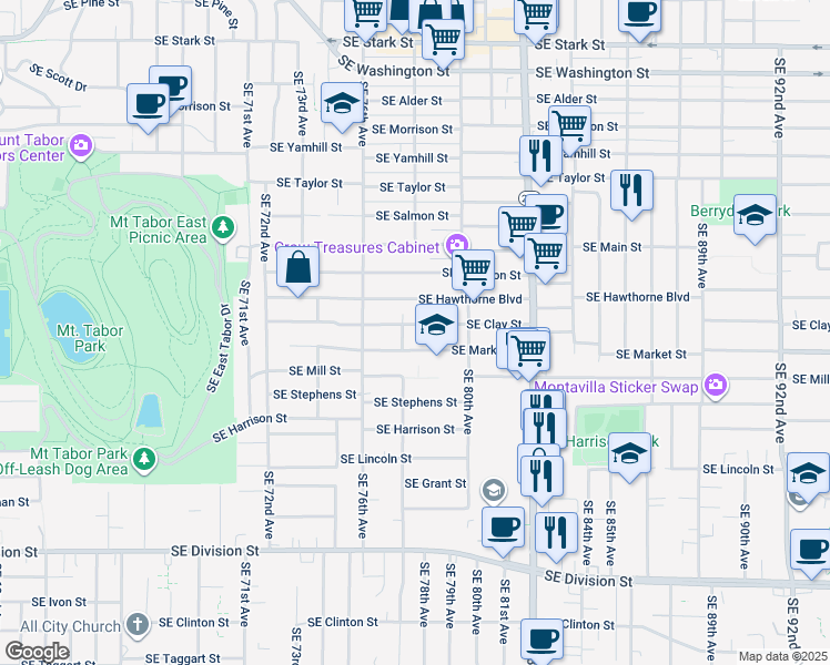 map of restaurants, bars, coffee shops, grocery stores, and more near 7716 Southeast Clay Street in Portland