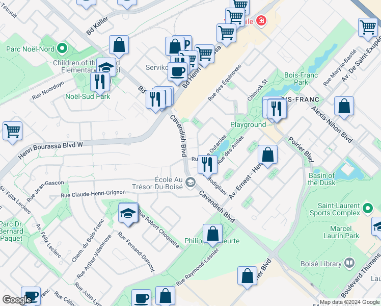 map of restaurants, bars, coffee shops, grocery stores, and more near 14341 Boulevard Cavendish in Montréal