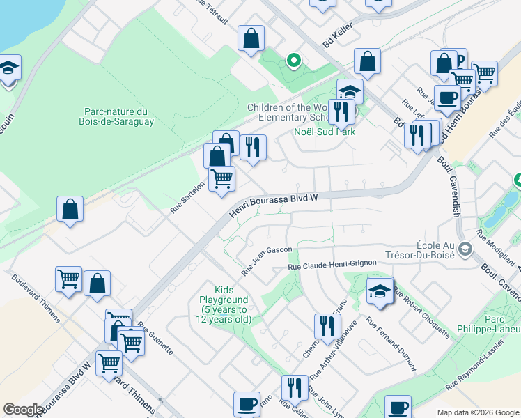 map of restaurants, bars, coffee shops, grocery stores, and more near 6600 Boulevard Henri-Bourassa Ouest in Montréal