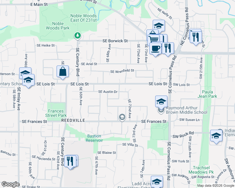 map of restaurants, bars, coffee shops, grocery stores, and more near 7080 Southeast Austin Drive in Hillsboro