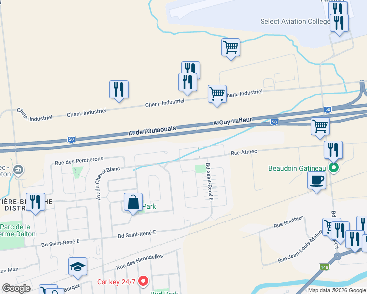 map of restaurants, bars, coffee shops, grocery stores, and more near 49 Rue Achille-Vanhée in Gatineau