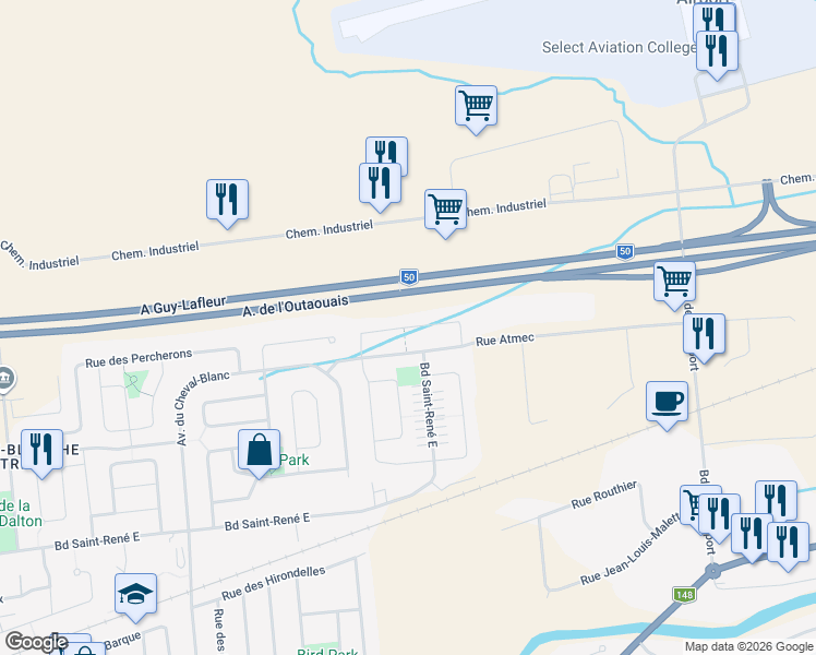 map of restaurants, bars, coffee shops, grocery stores, and more near Rue Achille-Vanhée in Gatineau