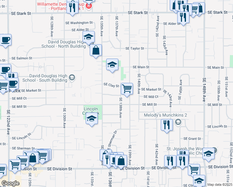 map of restaurants, bars, coffee shops, grocery stores, and more near 13701 Southeast Market Street in Portland