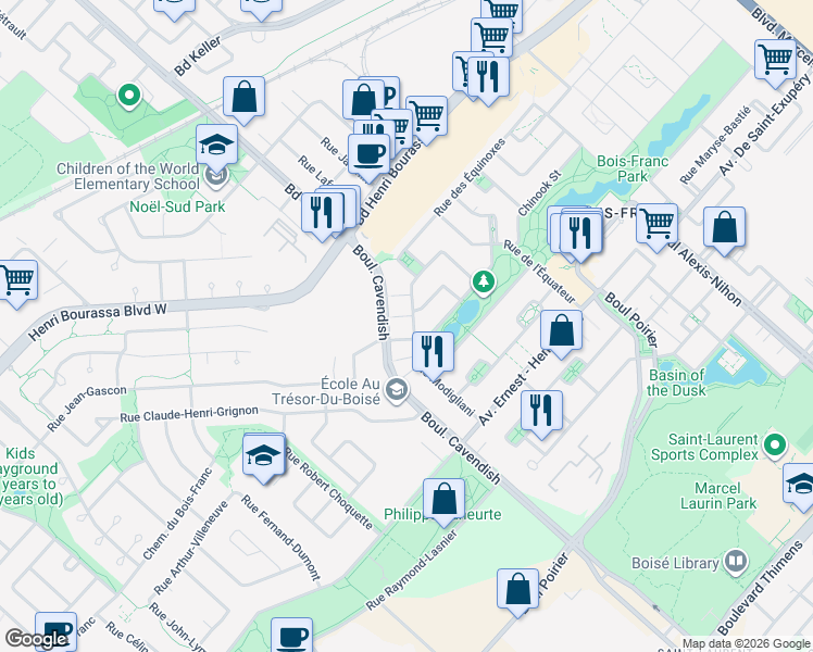 map of restaurants, bars, coffee shops, grocery stores, and more near 2330 Rue Modigliani in Montréal