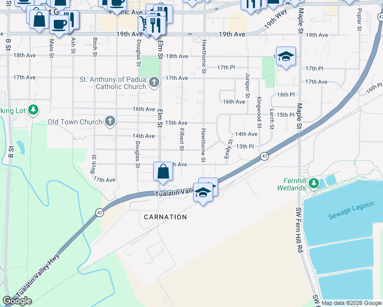 map of restaurants, bars, coffee shops, grocery stores, and more near 2620 13th Avenue in Forest Grove