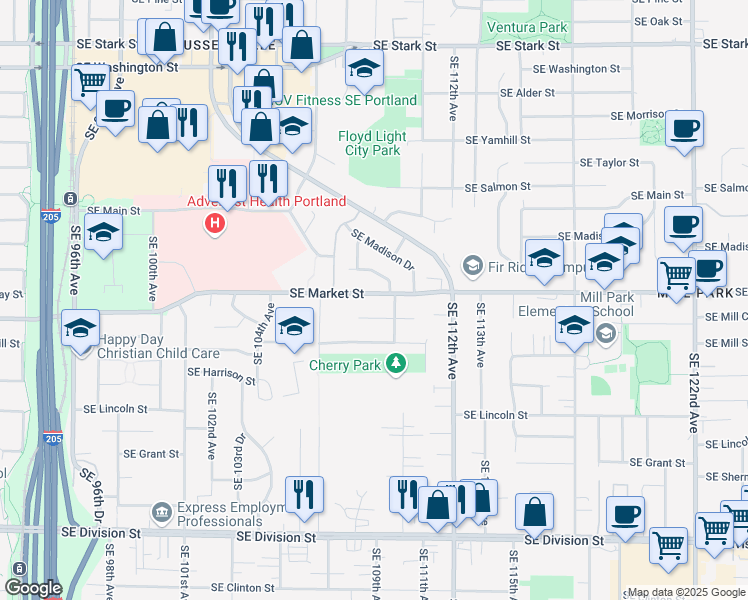 map of restaurants, bars, coffee shops, grocery stores, and more near 10844 Southeast Market Street in Portland