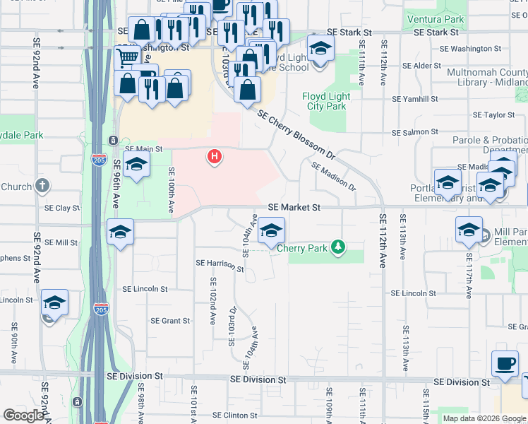 map of restaurants, bars, coffee shops, grocery stores, and more near 10502 Southeast Market Street in Portland