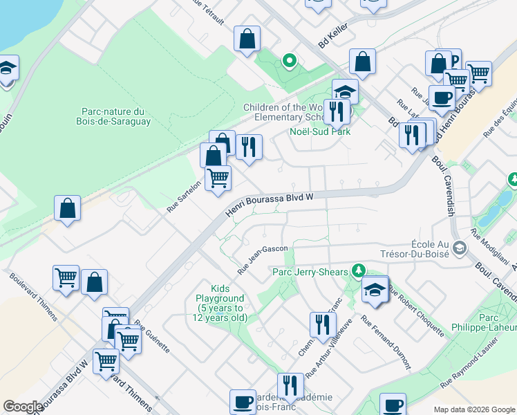 map of restaurants, bars, coffee shops, grocery stores, and more near 6600 Boulevard Henri Bourassa Ouest in Montréal