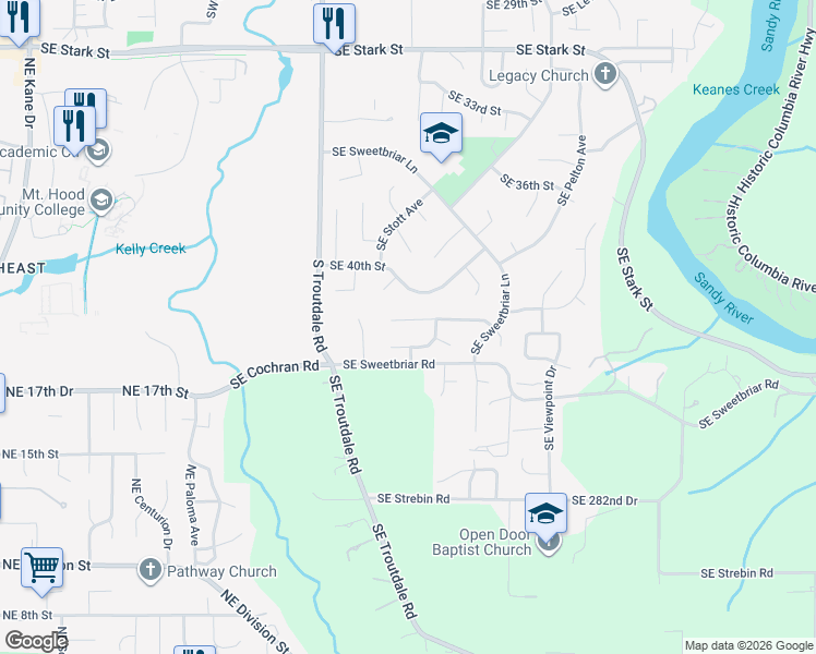 map of restaurants, bars, coffee shops, grocery stores, and more near 568 Southeast 42nd Circle in Troutdale