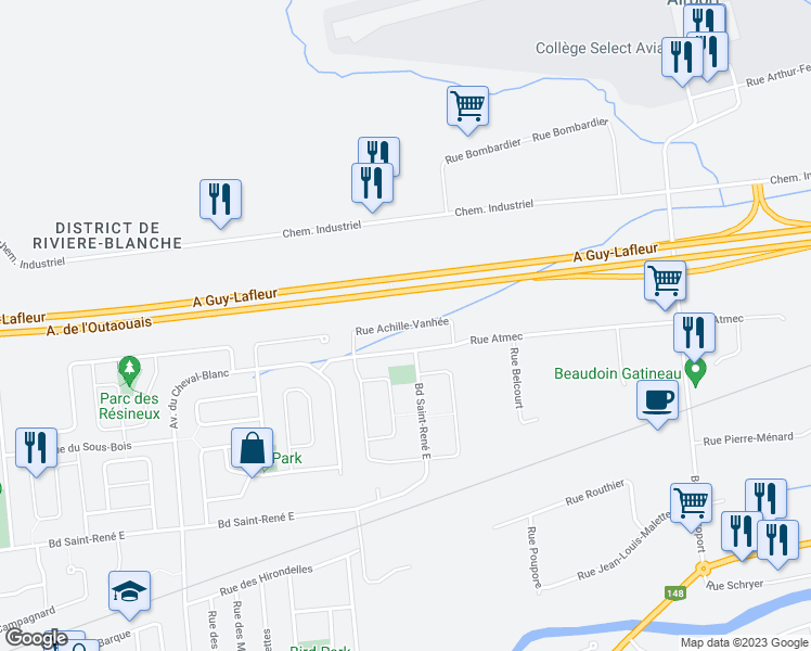 map of restaurants, bars, coffee shops, grocery stores, and more near 106 Rue Achille-Vanhée in Gatineau