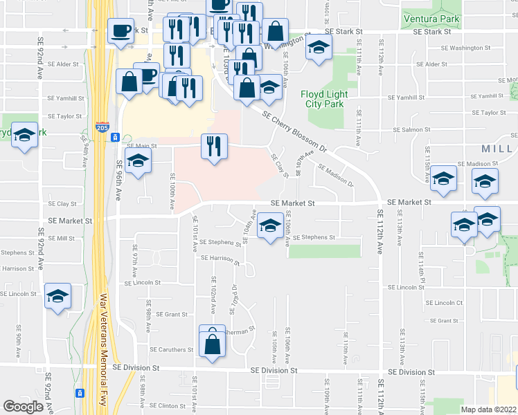 map of restaurants, bars, coffee shops, grocery stores, and more near 10354 Southeast Market Street in Portland