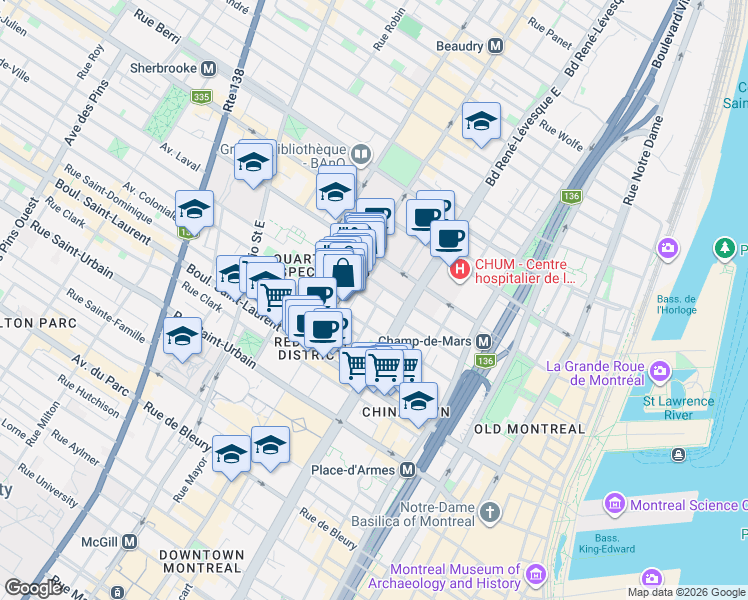 map of restaurants, bars, coffee shops, grocery stores, and more near 201 Charlotte Street in Montreal