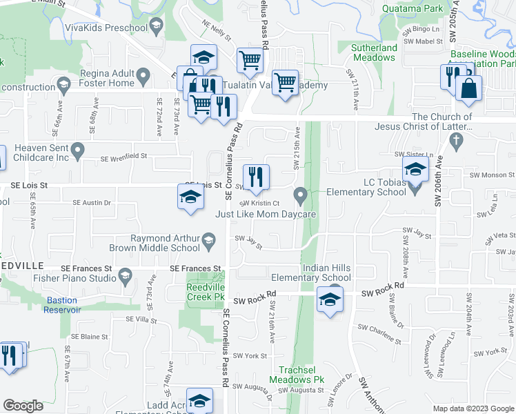 map of restaurants, bars, coffee shops, grocery stores, and more near 21708 Southwest Kristin Court in Beaverton