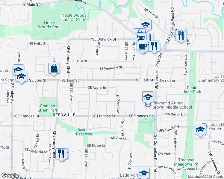map of restaurants, bars, coffee shops, grocery stores, and more near 7080 Southeast Austin Drive in Hillsboro