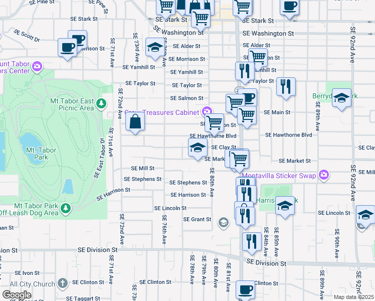 map of restaurants, bars, coffee shops, grocery stores, and more near 7716 Southeast Clay Street in Portland