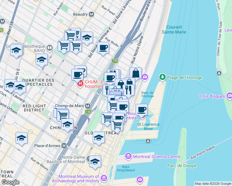 map of restaurants, bars, coffee shops, grocery stores, and more near 530 Rue Berri in Montréal