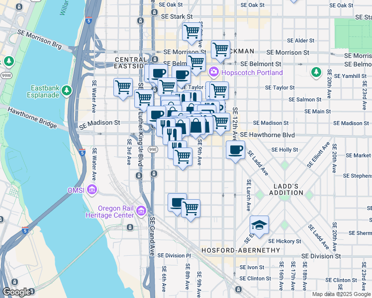 map of restaurants, bars, coffee shops, grocery stores, and more near 737 Southeast Market Street in Portland