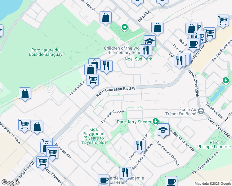 map of restaurants, bars, coffee shops, grocery stores, and more near 6550 Boulevard Henri-Bourassa Ouest in Montréal