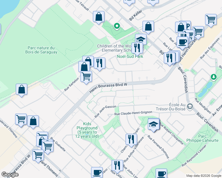 map of restaurants, bars, coffee shops, grocery stores, and more near 6500 Boulevard Henri Bourassa Ouest in Montréal