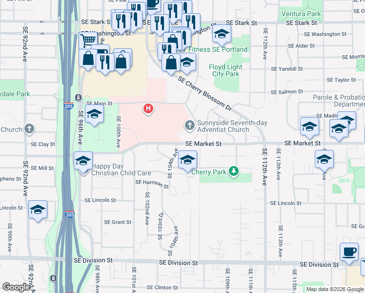 map of restaurants, bars, coffee shops, grocery stores, and more near 10502 Southeast Market Street in Portland