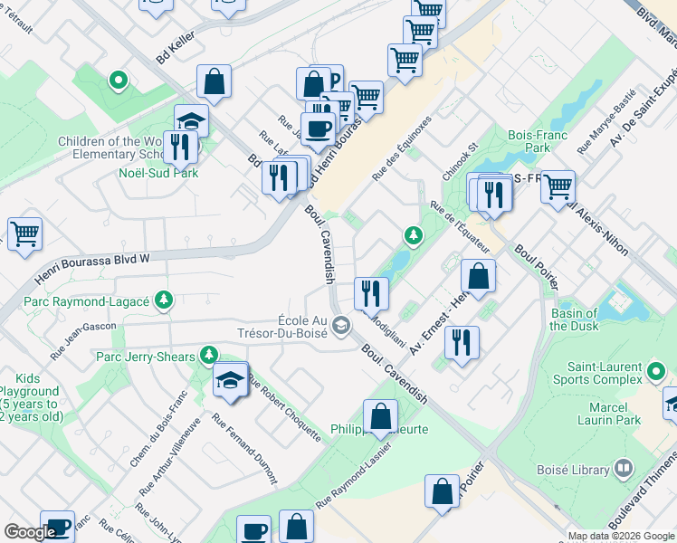 map of restaurants, bars, coffee shops, grocery stores, and more near 14331 Boulevard Cavendish in Montréal
