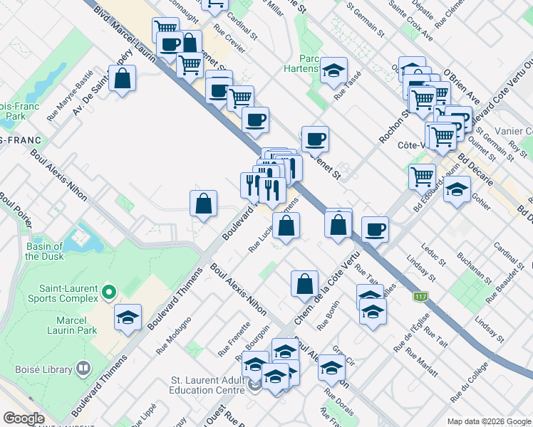 map of restaurants, bars, coffee shops, grocery stores, and more near 1985 Rue Lucien-Thimens in Montréal