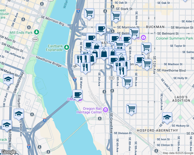 map of restaurants, bars, coffee shops, grocery stores, and more near 1510 Southeast 3rd Avenue in Portland