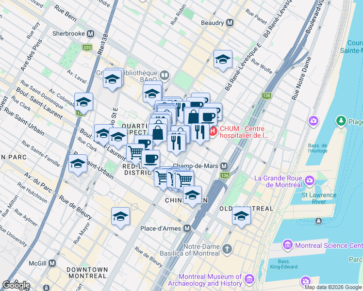 map of restaurants, bars, coffee shops, grocery stores, and more near 1200 Rue Sainte-Élisabeth in Montréal
