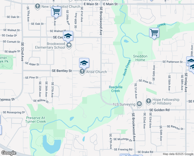 map of restaurants, bars, coffee shops, grocery stores, and more near 4372 Southeast Pine Way in Hillsboro