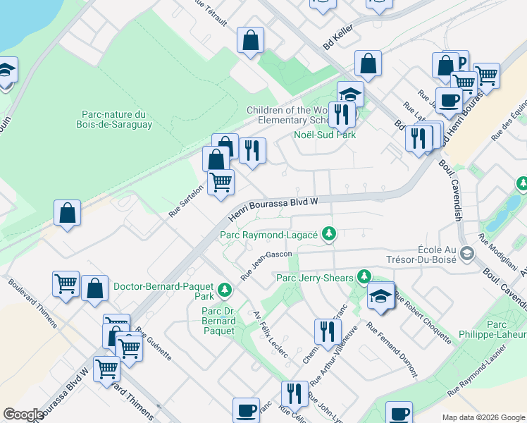 map of restaurants, bars, coffee shops, grocery stores, and more near 6600 Henri Bourassa Boulevard West in Montreal