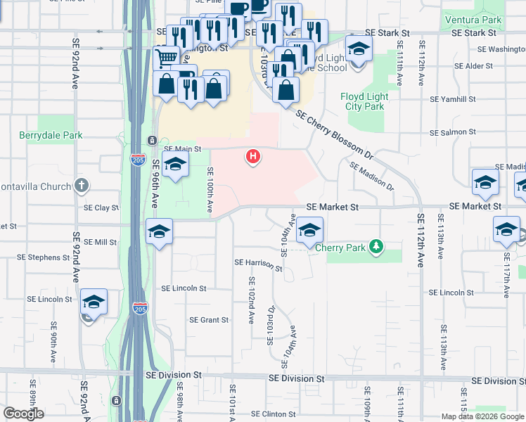 map of restaurants, bars, coffee shops, grocery stores, and more near 10230 Southeast Market Drive in Portland
