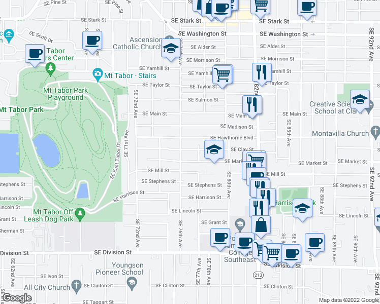map of restaurants, bars, coffee shops, grocery stores, and more near 7636 Southeast Clay Street in Portland