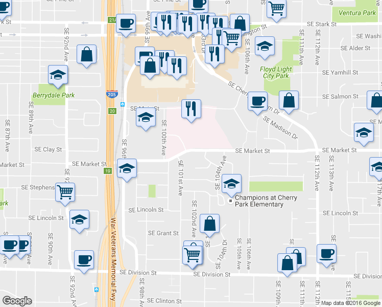 map of restaurants, bars, coffee shops, grocery stores, and more near 10140 Southeast Market Street in Portland