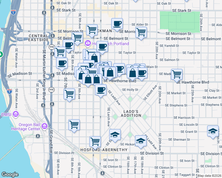 map of restaurants, bars, coffee shops, grocery stores, and more near 1628 Southeast Ladd Avenue in Portland