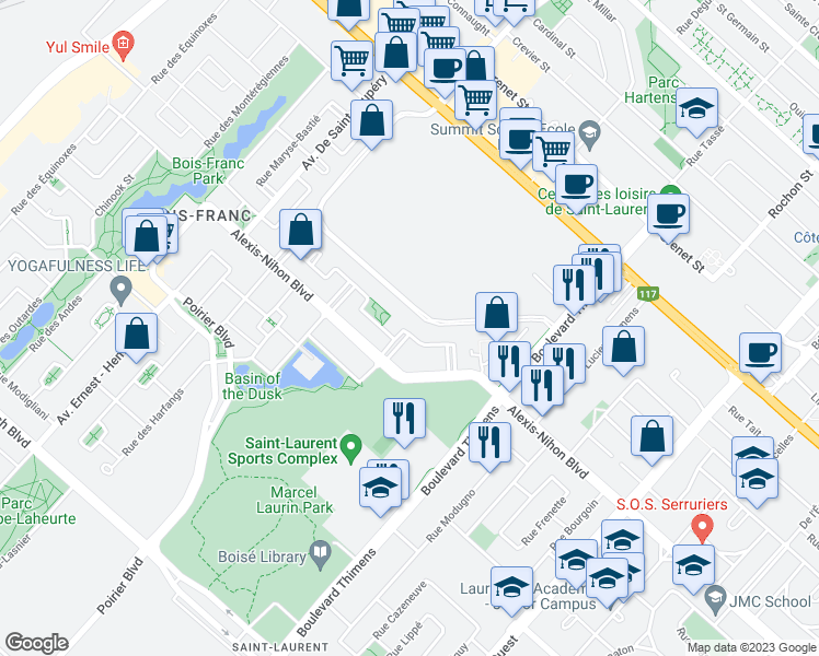 map of restaurants, bars, coffee shops, grocery stores, and more near 1485 Rue de l'Everest in Montréal