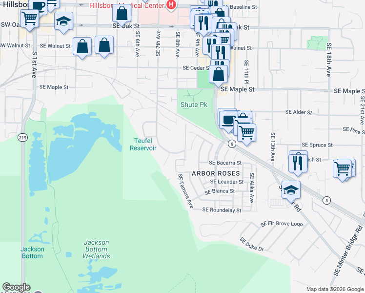 map of restaurants, bars, coffee shops, grocery stores, and more near 979 Southeast 8th Avenue in Hillsboro