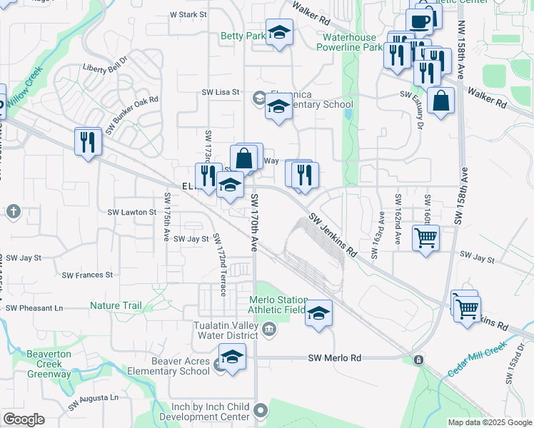 map of restaurants, bars, coffee shops, grocery stores, and more near 1190 Southwest 170th Avenue in Beaverton