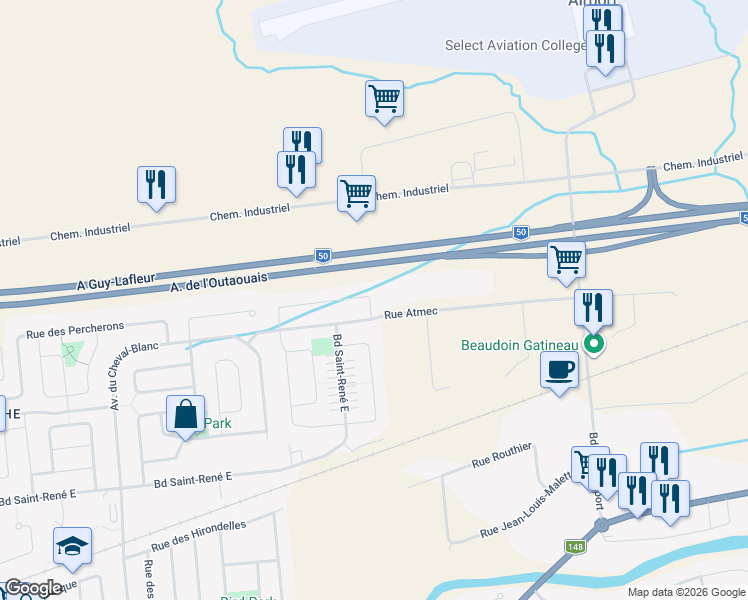 map of restaurants, bars, coffee shops, grocery stores, and more near 185 Rue Achille-Vanhée in Gatineau