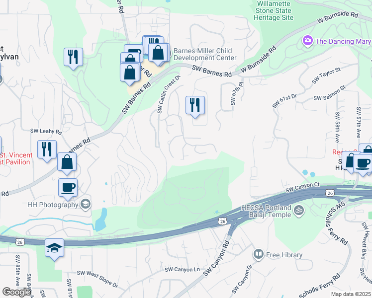 map of restaurants, bars, coffee shops, grocery stores, and more near 7054 Benham Court in Portland