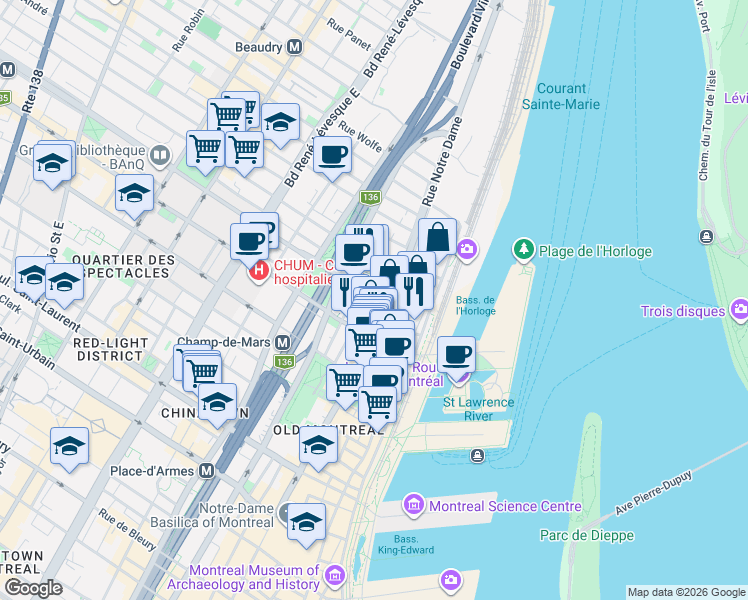 map of restaurants, bars, coffee shops, grocery stores, and more near 460 Rue du Champ de Mars in Montréal