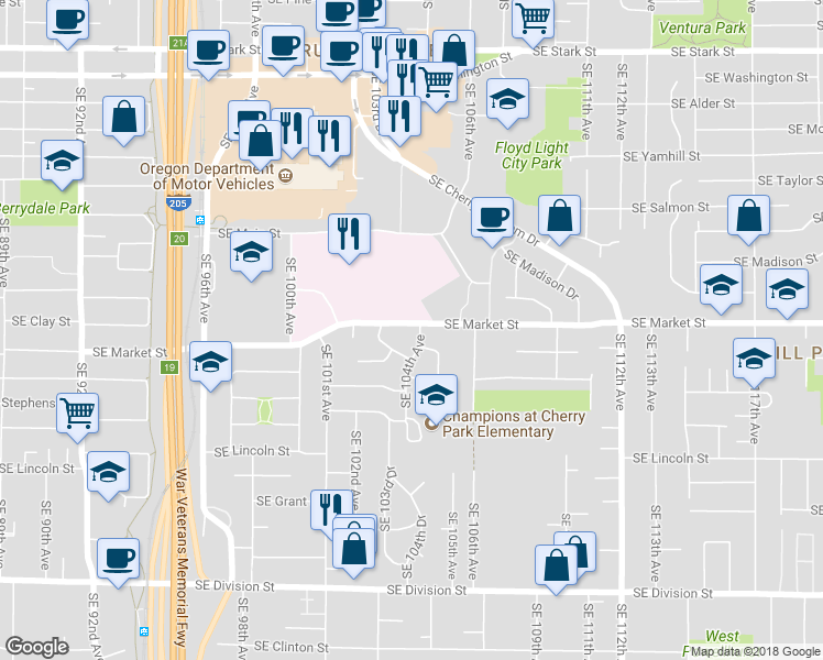map of restaurants, bars, coffee shops, grocery stores, and more near 10354 Southeast Market Street in Portland