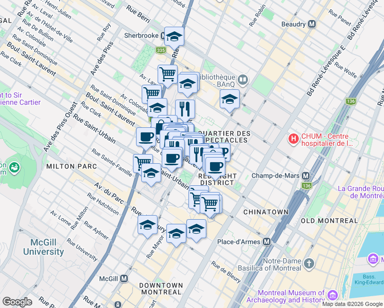 map of restaurants, bars, coffee shops, grocery stores, and more near 1618 Rue Saint-Dominique in Montréal
