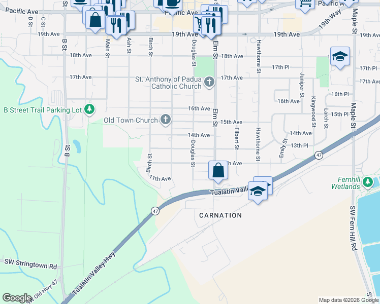 map of restaurants, bars, coffee shops, grocery stores, and more near 1222 Douglas St in Forest Grove