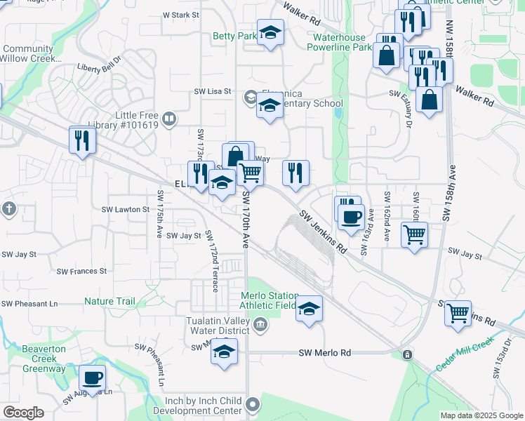 map of restaurants, bars, coffee shops, grocery stores, and more near 1170 Southwest 170th Avenue in Beaverton