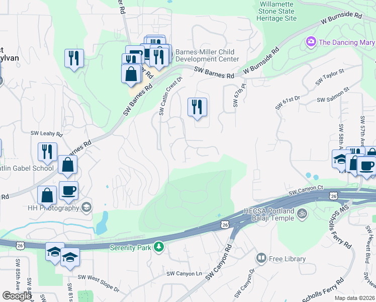 map of restaurants, bars, coffee shops, grocery stores, and more near 1140 Southwest Fairfax Place in Portland