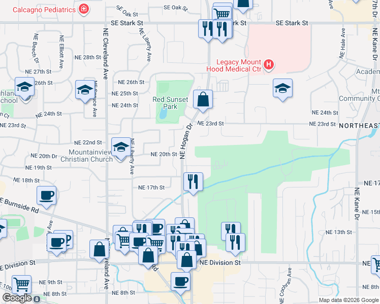 map of restaurants, bars, coffee shops, grocery stores, and more near 2064 Northeast Hogan Drive in Gresham
