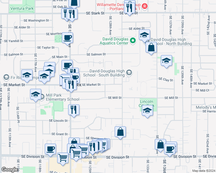 map of restaurants, bars, coffee shops, grocery stores, and more near 12720 Southeast Market Street in Portland