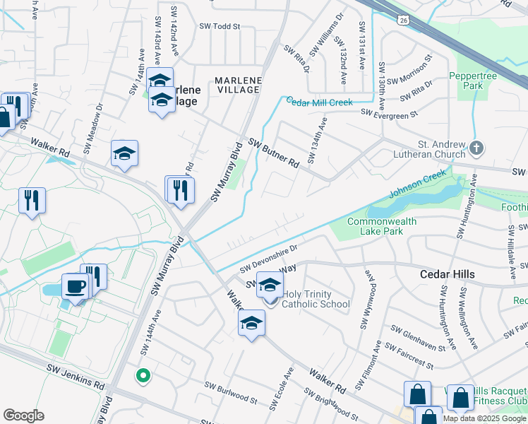 map of restaurants, bars, coffee shops, grocery stores, and more near 14095 Southwest Walker Road in Beaverton
